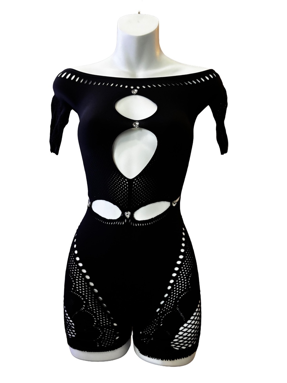 Mesh Black Cutout Off-Shoulder Bodysuit Romper W/ Rhinestone Hearts